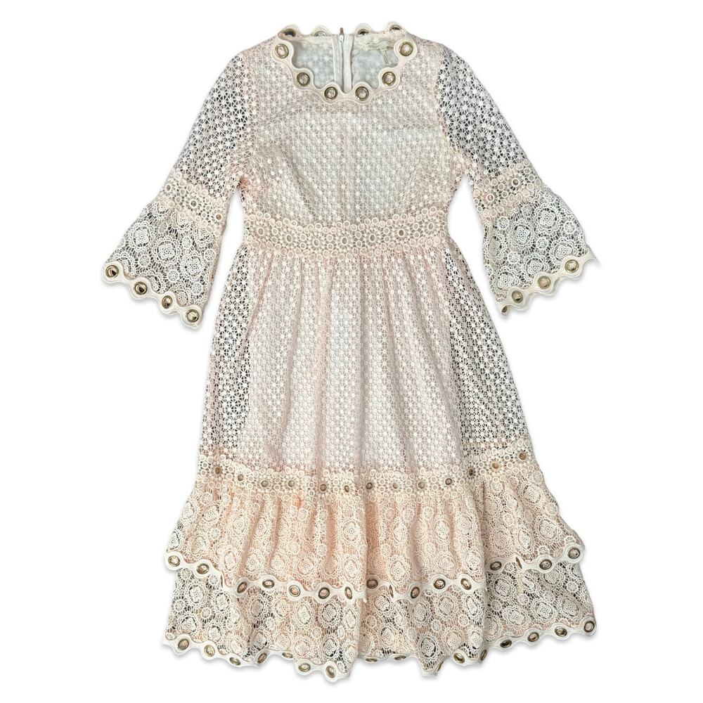 Maje Blush Pink Roso Gold Grommet Lace Tiered Half Sleeve Midi Dress size 1 / S - Picture 8 of 12